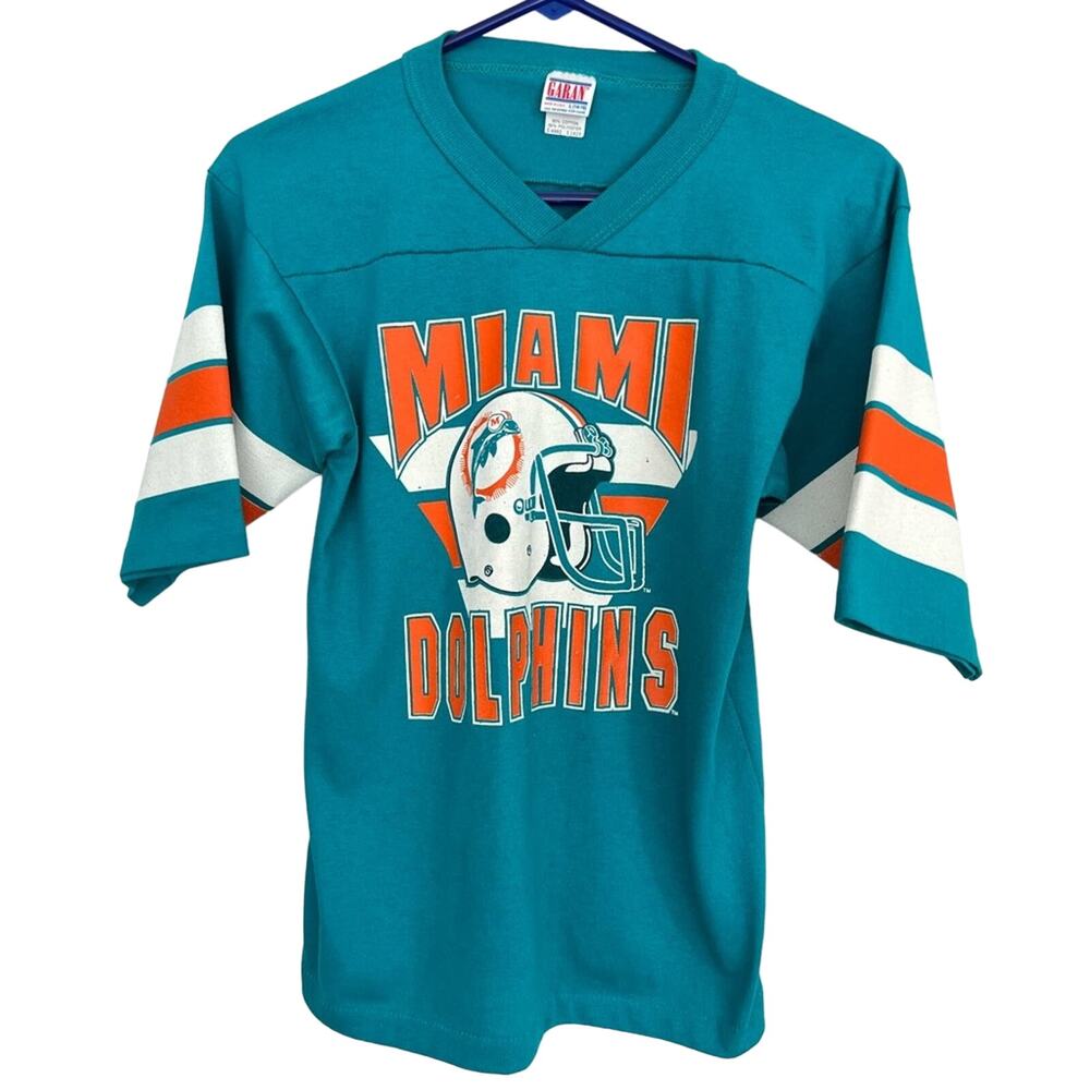 VINTAGE MIAMI DOLPHINS V-NECK T SHIRT SIZE YOUTH SZ LARGE MADE IN USA GARAN NEW